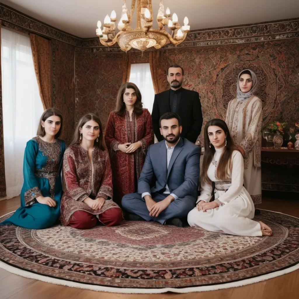 Prompt:  Traditional Persian Family Gathering: A family dressed in traditional Persian clothing, sitting around a beautifully decorated table with Persian rugs and intricate patterns in the background , 8k , Fujifilm , high resoulation 