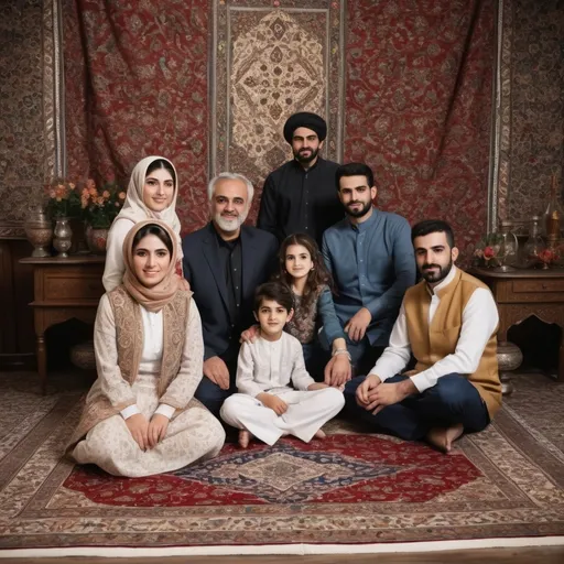 Prompt:  Traditional Persian Family Gathering: A family dressed in traditional Persian clothing, sitting around a beautifully decorated table with Persian rugs and intricate patterns in the background , 8k , Fujifilm , high resoulation 