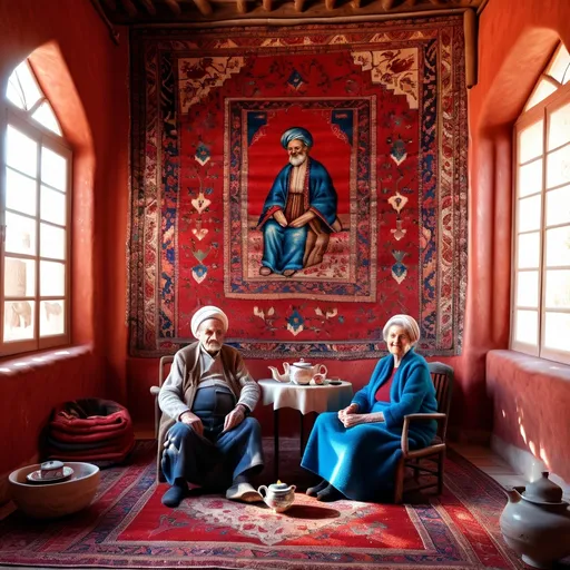 Prompt: (Old man and old woman), sitting in an (authentic Iranian house), surrounded by (vibrant red Persian carpets), enjoying aromatic tea, warm soft light filtering through, (super realistic details), rich textures, intricate architectural elements, (8K resolution), (photorealistic), (Fujifilm photography style), creating a cozy and nostalgic atmosphere, evoking warmth and tradition.