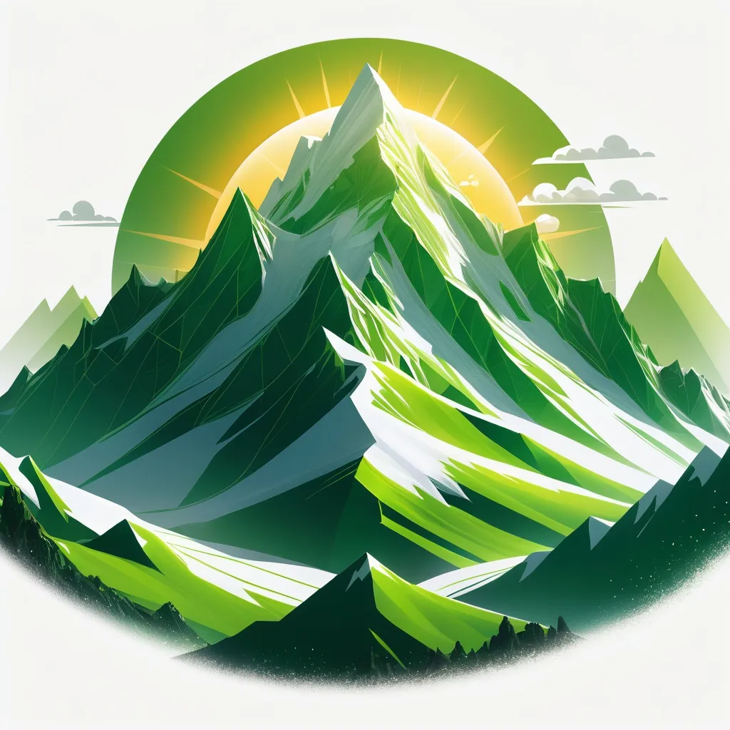 Prompt: a snowy mountain with a Green Mountain and a mountain with the sun, computer art, promotional image, concept art