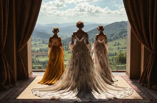 Prompt: Design a dress, inspired of harem by Paul poiret, weared by 5 girls with different cloth,landscape view, luxury and glamour garment