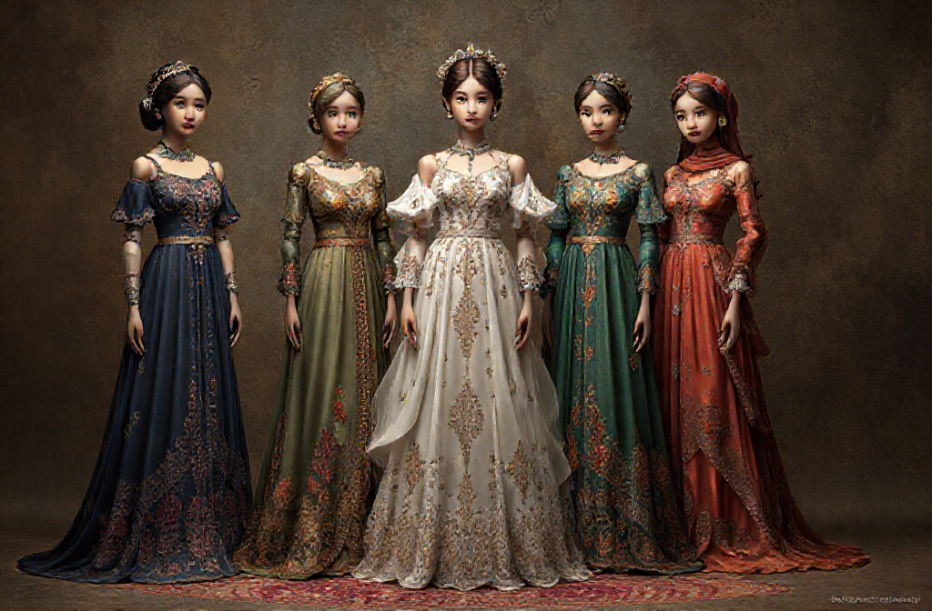 Prompt: Design dress inspired by harem,5girl with different dress