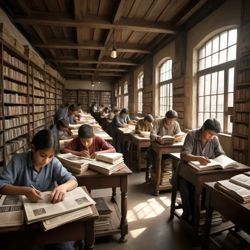 Prompt: Depict the social and cultural impacts of the printing press on society. The scene should be detailed and realistic, showing people from different walks of life engaging with printed materials like books, newspapers, and pamphlets. The environment includes diverse settings such as a marketplace, a library, and a café. The lighting is warm and inviting, emphasizing the democratization of knowledge and the rise in literacy rates.