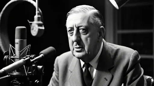 Prompt: A 16:9 medium shot of Charles De Gaulle making his historic broadcast from London on the BBC, with a sense of urgency and determination. He is in a radio studio with vintage equipment, showing intense focus and resolve on his face. The scene is set during the late evening with soft studio lighting. The image is shot with a Canon EOS-1D X Mark III, 50mm f/1.4 lens, in a monochrome palette.