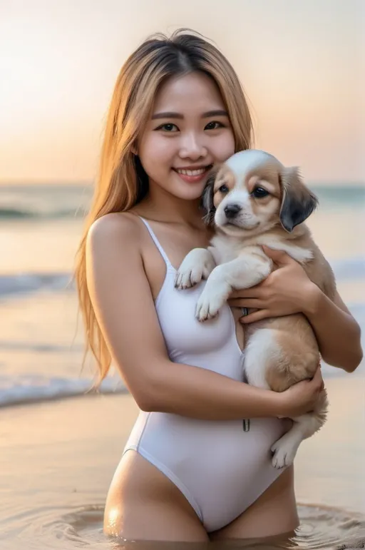 Prompt: A 30 year old girl with a clean Indonesian face, long hair, gold colored hair with grey gradations, slightly fat body, full body picture, wearing a beautiful white mini swimsuit that says "AZURA CHAN", smiled evilly while hugging the little puppy. playing at water, Beach background, high exposure photography, 8k

ultra