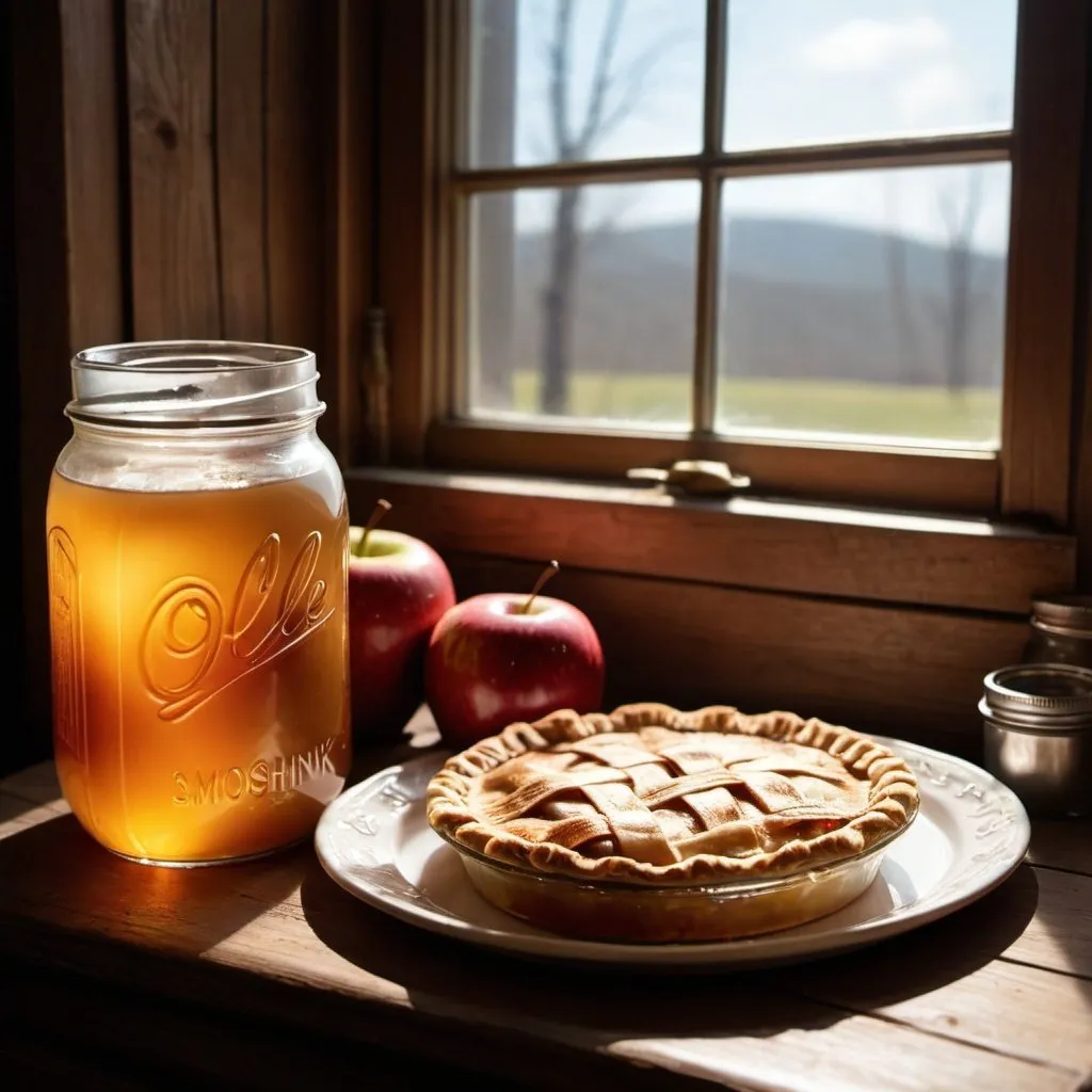 Prompt: a steaming apple pie on grandma's table sitting next to a mason jar of Ole Smoky Apple Pie Moonshine next to a window that has sun shining into the window