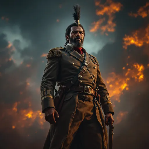 Prompt: Jean Jacques Dessalines, historical figure, powerful stance, determined expression, military attire, dramatic background, vibrant colors, historical ambiance, intense atmosphere, expertly crafted details, 4K resolution, ultra-detailed, inspirational vibe, showcasing leadership and resilience, echoing the legacy of Haitian independence, evoking feelings of pride and courage.