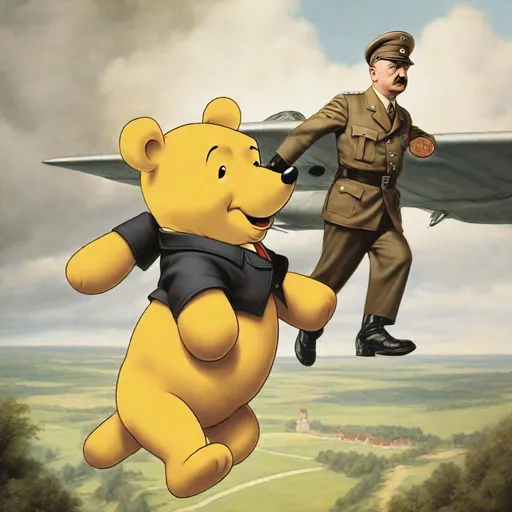 Prompt: adolf hitler flying with pooh coming out of his buttocks
