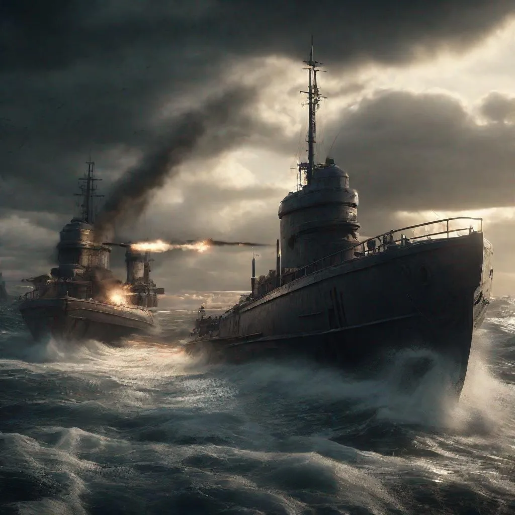 Prompt: U-boats being shot at dark, grandiose, overpowering render, dark fantasy, unreal engine, raytracing, post-processing, zbrush, substance painter, trending on ArtStation, epic perspective, epic lighting, composition, photorealistic, vfx, cgsociety, volumetric lighting, + cinematic + + wallpaper, photo + realism + high detail, cgi, 8k, --ar 16:9