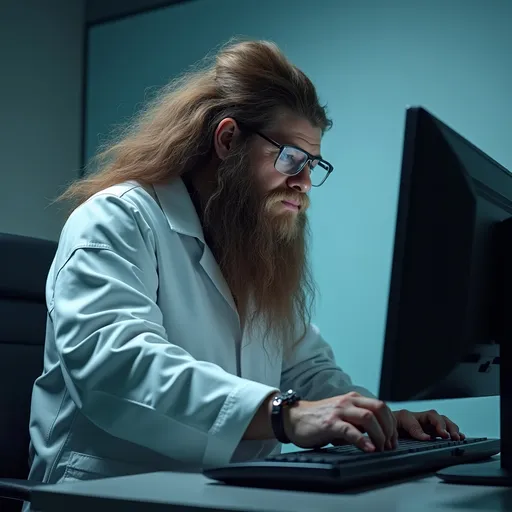 Prompt: big foot that is a software engineer using a computer in a lab coat