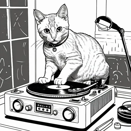 Prompt: Coloring book image: Cat playing a record on a record player
