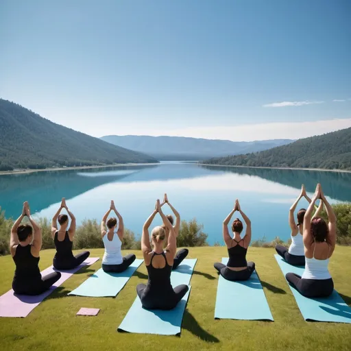 Prompt: Glossy Group Yoga Class at Wellness Retreat Community with surreal lake views and blue sky
