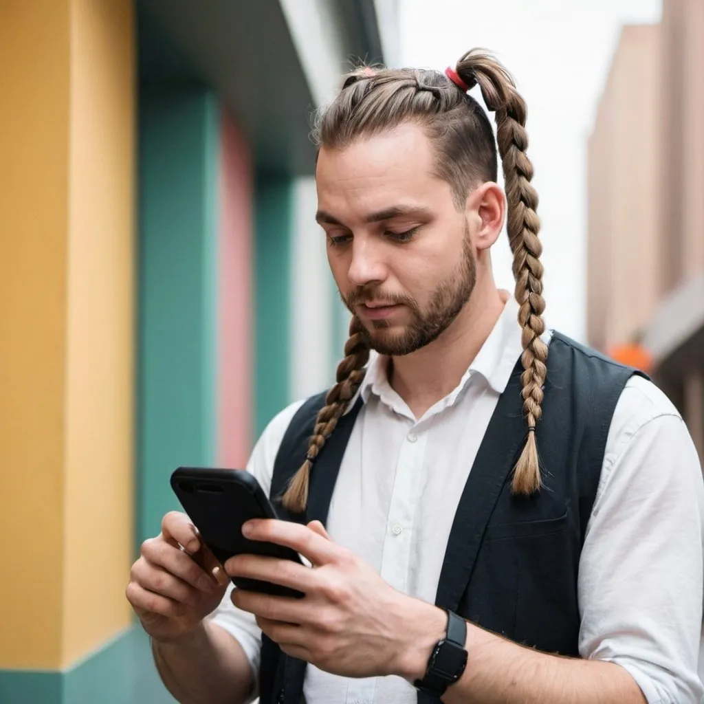 Prompt: a man with pigtails scrolling phone