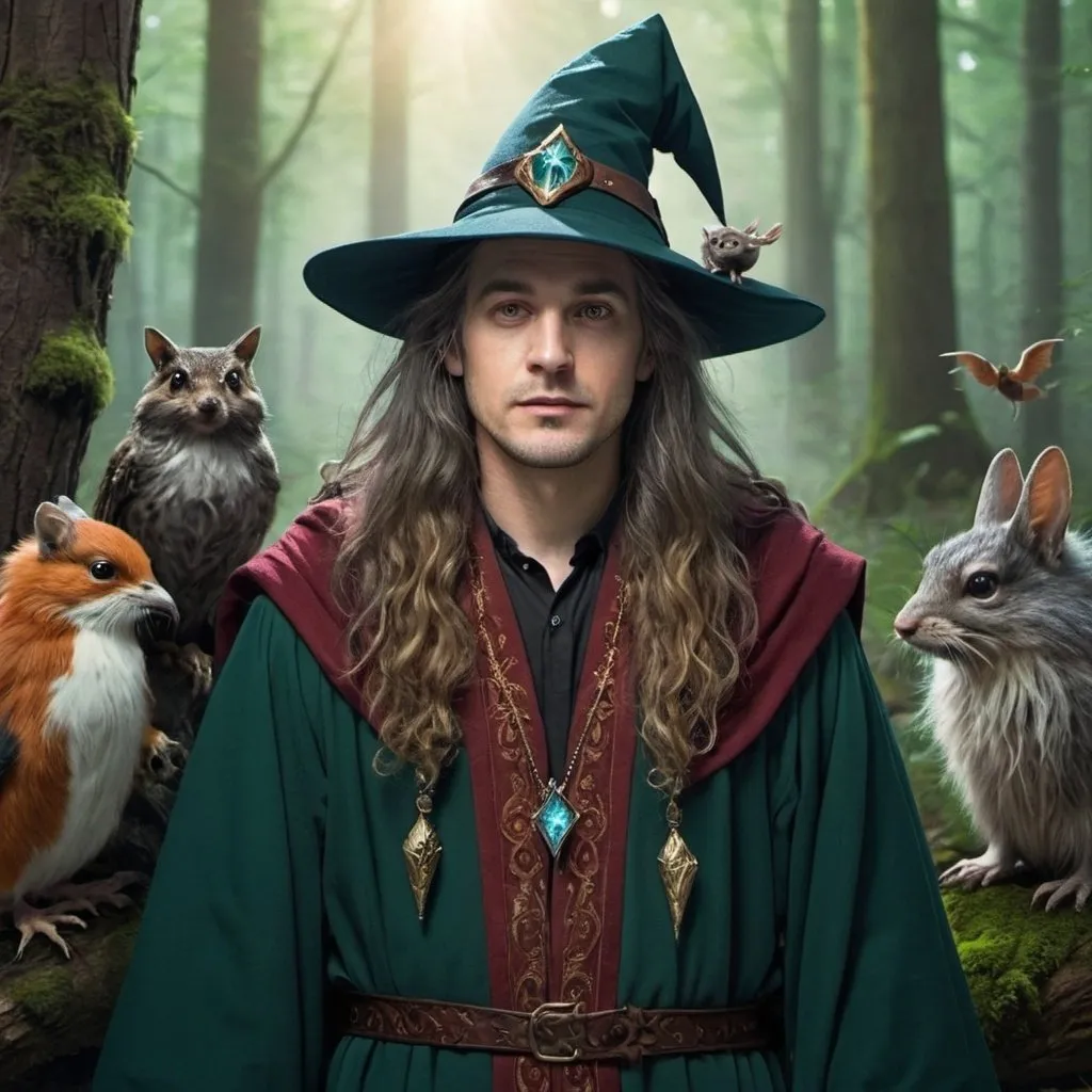 Prompt: a man with long hair  earrings and a wizard hat wearing robe in forest with critters 