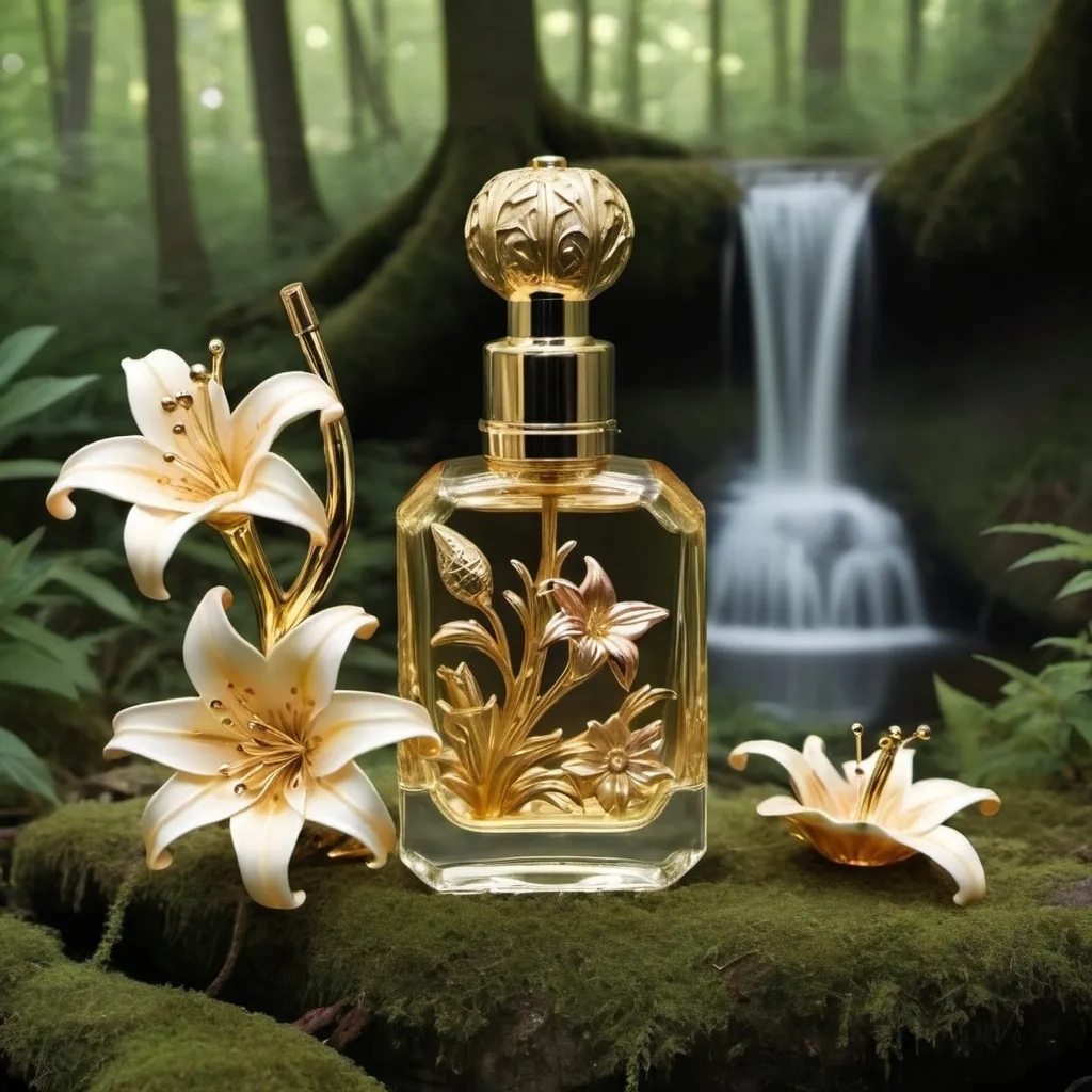 Prompt: woods lilies golden perfume bottle with atomizer a fairy is in the woods with large trees and waterfall flowers and cardinal birds