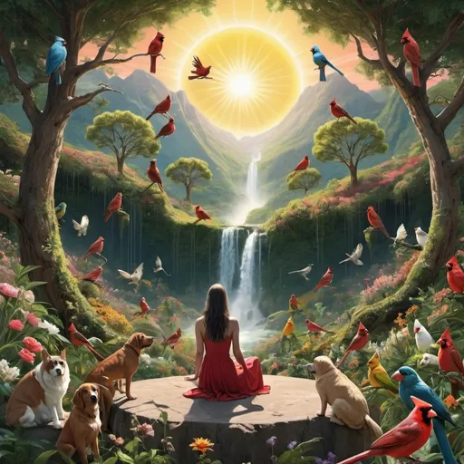 Prompt: otherwordly planet lush tall trees flowers singing cardinals parrots canary wide open space mountains waterfall sun rays a smaller figure of a woman sitting birds cats dogs animals all around her in a circle 