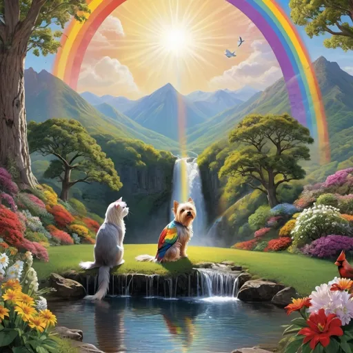 Prompt: otherwordly planet lush tall oak trees flowers singing cardinals parrots waterfall with rainbow canary wide open space mountains waterfall sun rainbow rays a smaller figure of a woman white  shorter hair  sitting looking straight at sun yorkie next to her white cat  all around her in a circle