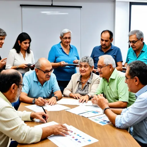 Prompt: 8 latin seniors people taking an entrepreneurship training in a classroom