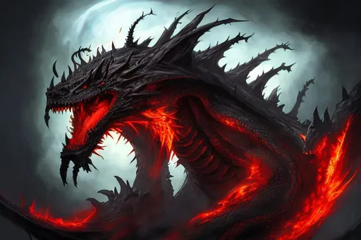 Prompt: gigantic black dread dragon with red eyes and flames in keith parkinson art style