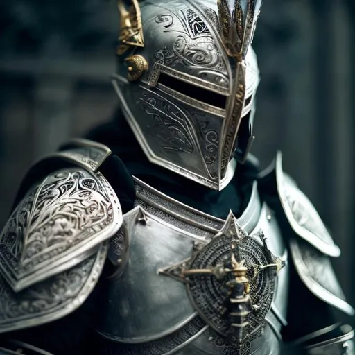 Prompt: knight wearing symbolic and extremely intricate silver armor with gold accents in keith parkinson style