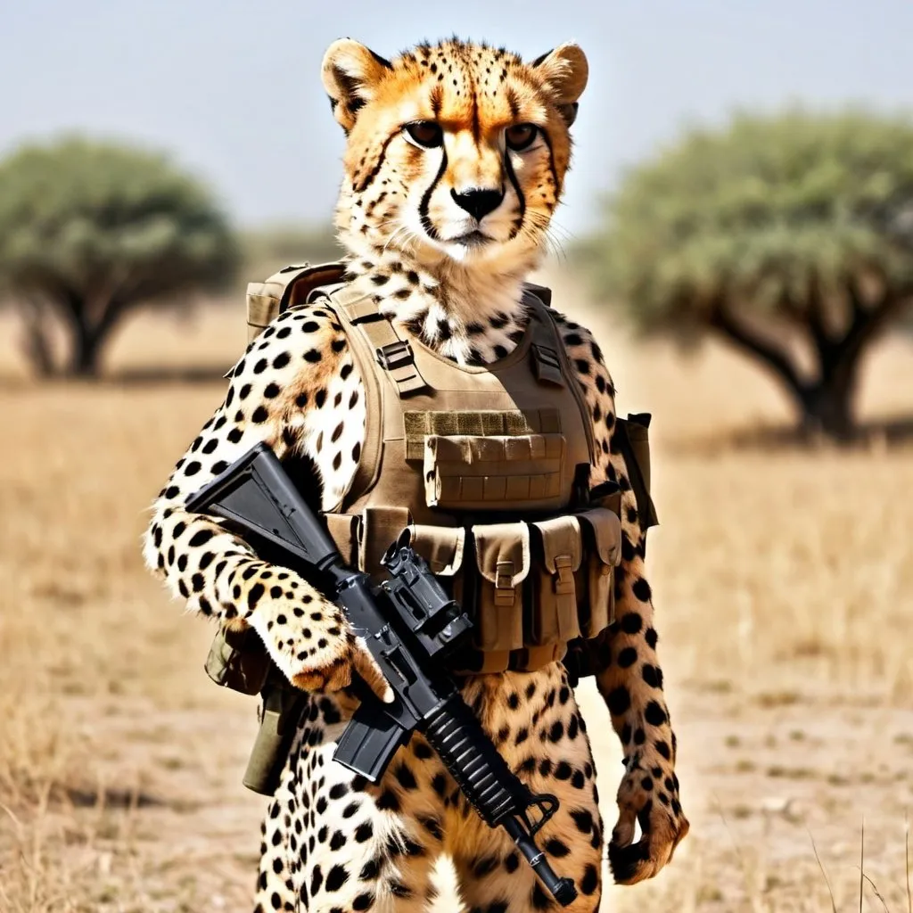 Prompt: A cheetah with tactical equipment and weapon