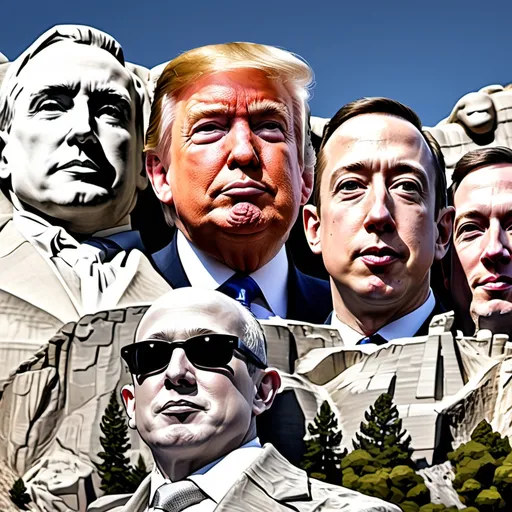 Prompt: Create a reimagined Mount Rushmore with a caricature depiction of Trump, Bezos, Musk, and Zuckerberg?