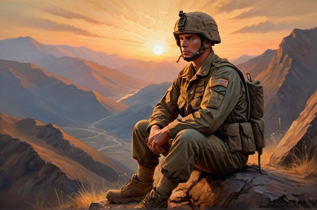 Prompt: soldier sitting on a mountain, oil painting, rugged terrain, sunset glow, detailed military uniform, peaceful demeanor, high quality, realistic, warm tones, atmospheric lighting