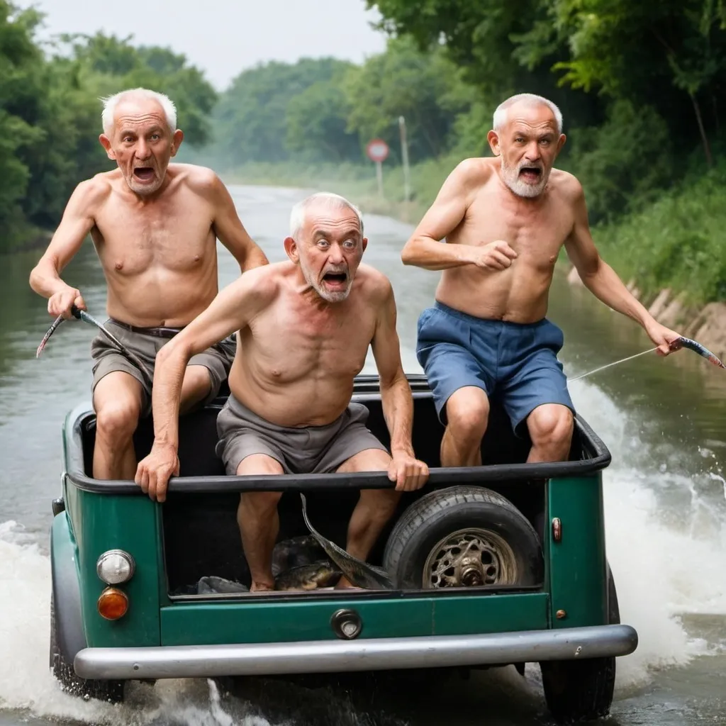 Prompt: 3 old men driving crazy running after fish