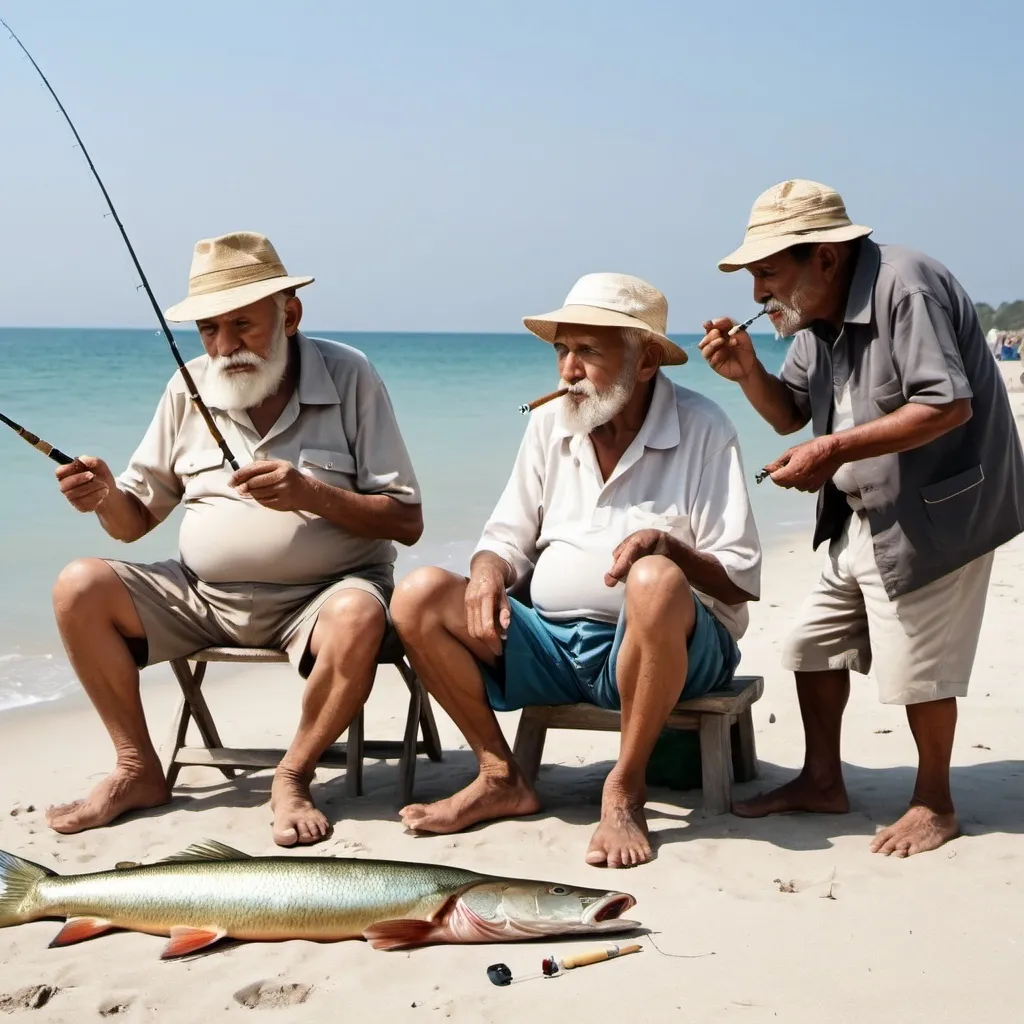 Prompt: 3 Retired old man smoking and fishing at the bech fighting big fish to catch