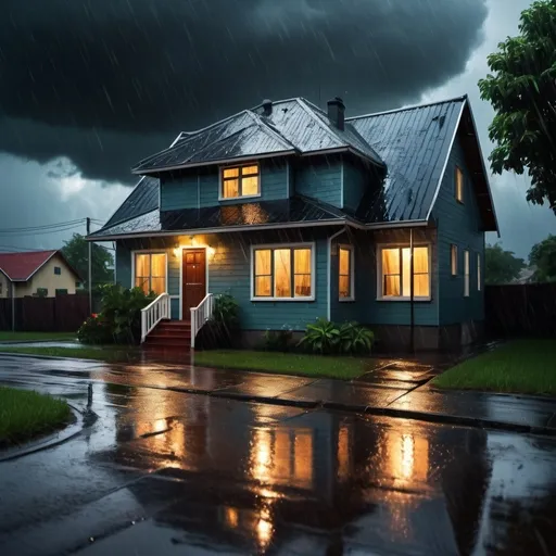 Prompt: Waterproof above house under rain