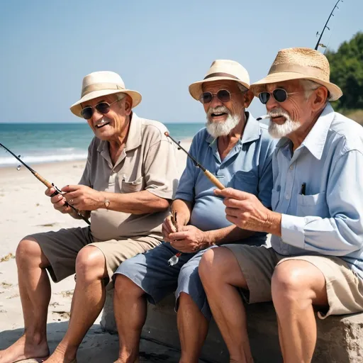 Prompt: 3 Retired old men feeling happy smoking and fishing at the bech 