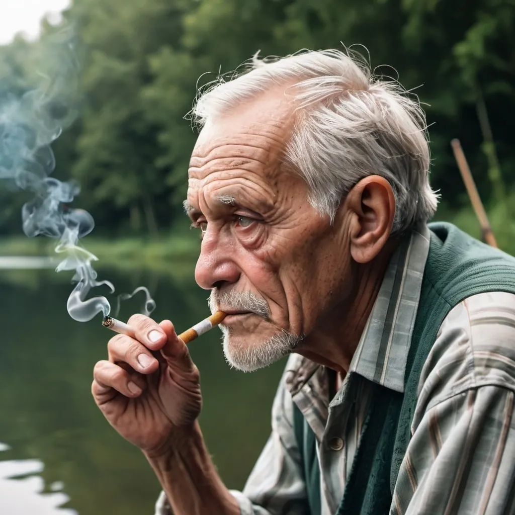 Prompt: Retired old man smoking and fishing with eyes looking deep into a memories