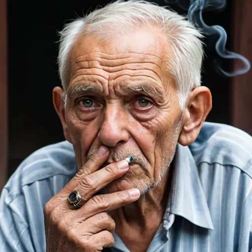 Prompt: Retired old man smoking with eyes looking deep into a memories