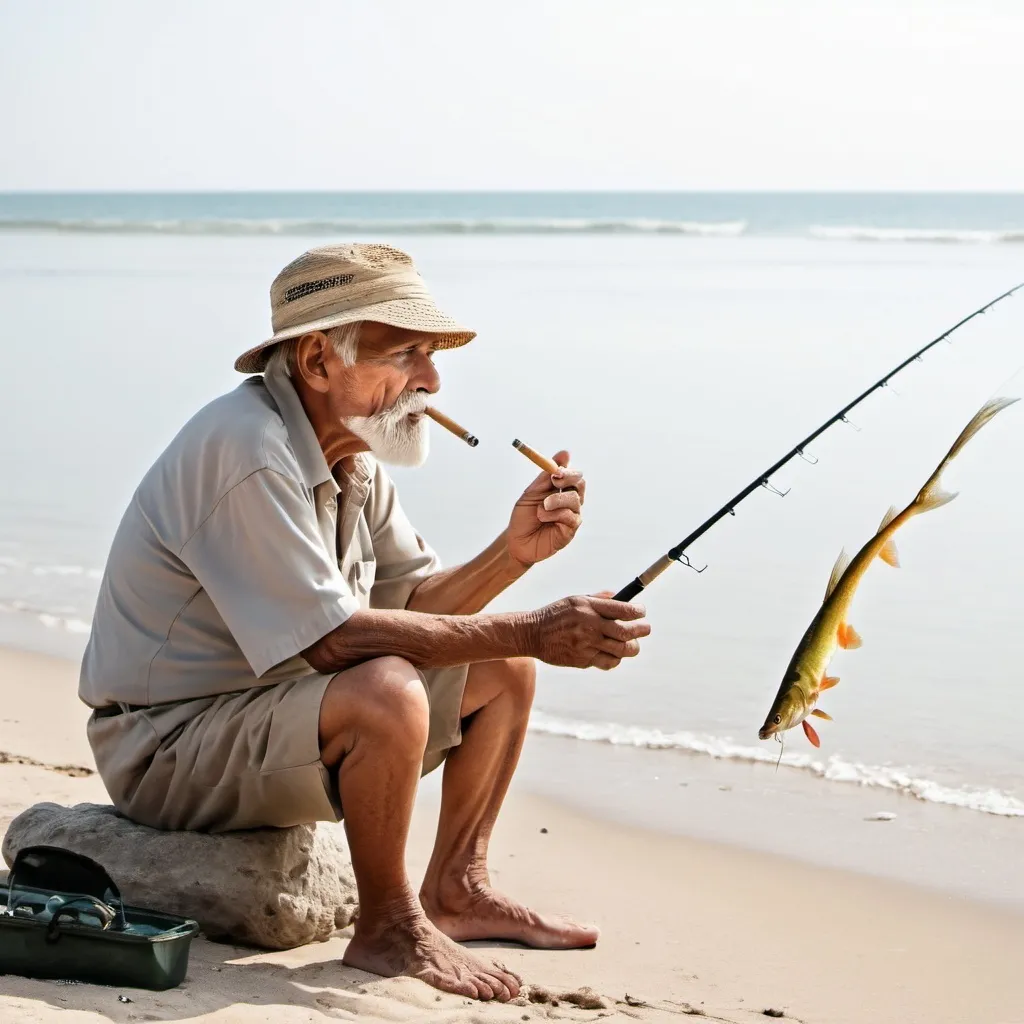 Prompt: Retired old man smoking and fishing at the bech fighting big fish to catch