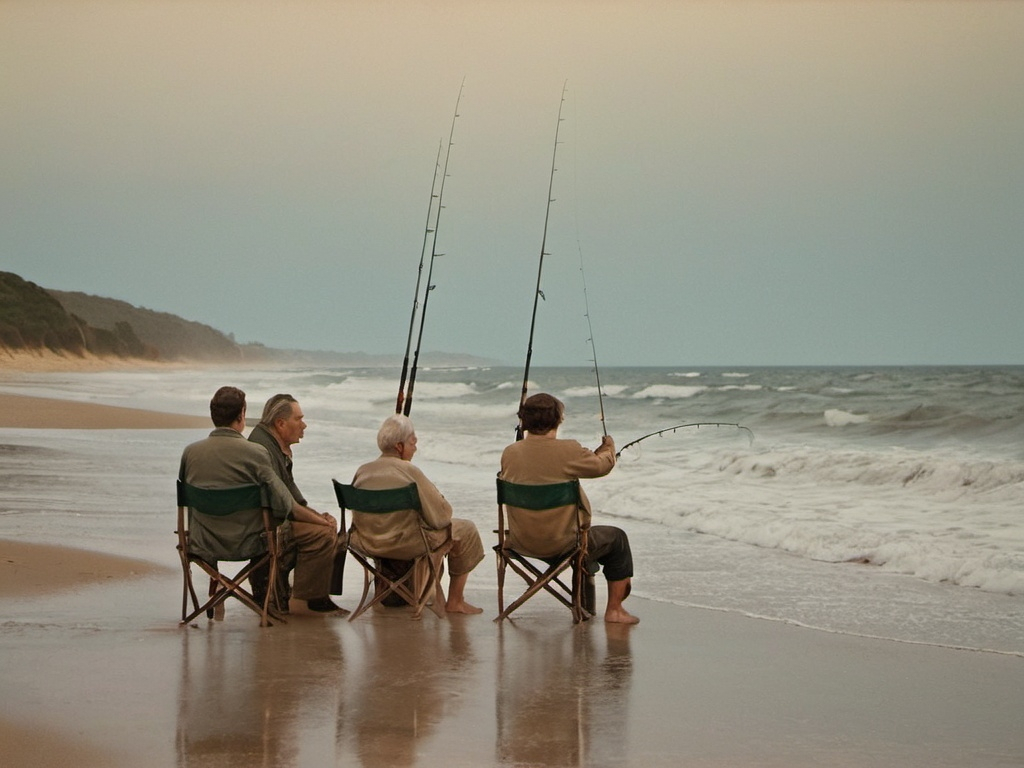 Prompt: a group of people fishing on the beach with a man sitting in a chair watching them on the beach, Candido Bido, australian tonalism, beach, a photo