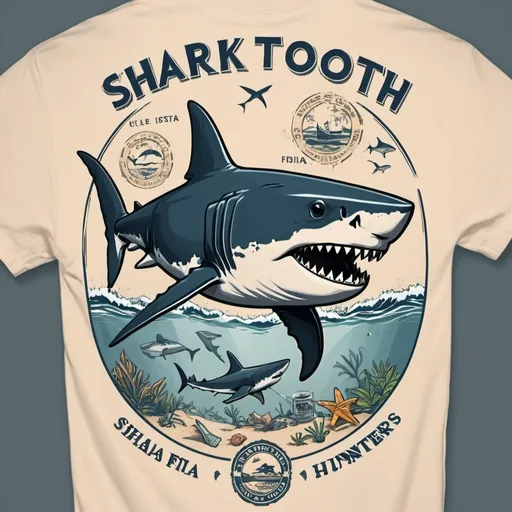 Prompt: Create a tshirt design for Shark Tooth Republic in Venice Florida focused on megaladon fossil hunters with a map of florida. remove the whale and spell tooth correctly

