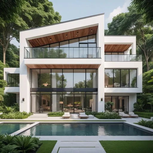 Prompt: Modern cottage mansion with lush gardens and modern architecture, high quality, 4k, ultra-detailed, contemporary, bright and airy, sleek design, large windows, luxurious interior, greenery, modern architecture, spacious layout, elegant color palette, natural lighting