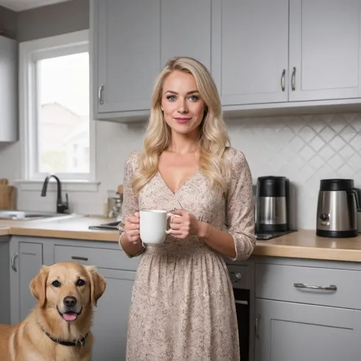 Prompt: A real estate agent with blonde hair and a beautiful dress standing in the kitchen with a coffe mug in her hand. A dog next to her
