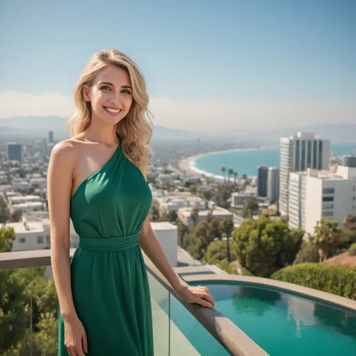 Prompt: A gentle smiling woman with blonde hair, looking like Ana d àrmas and a beautiful green dress standing on a balcony, a beautiful scenery showing an infinity pool and the city far in the back, next to the sea. Typical Los Angeles view

