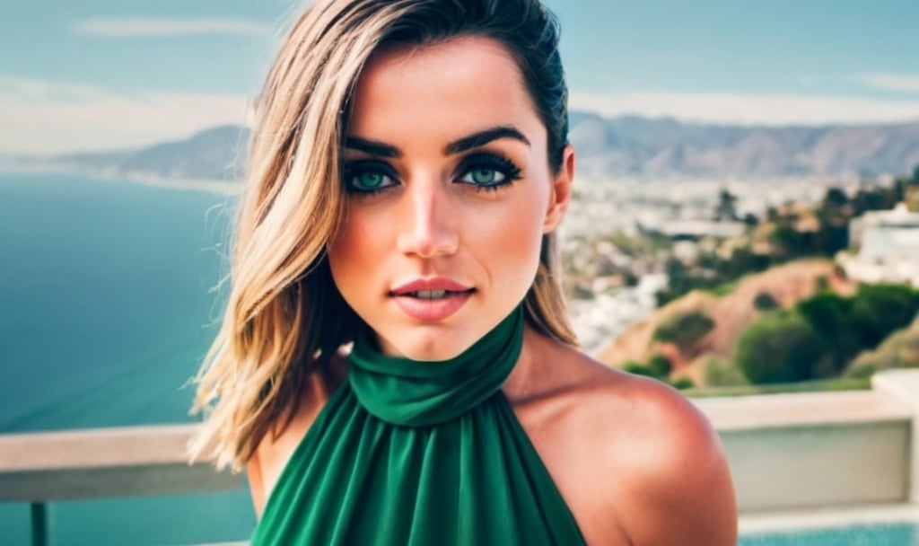 Prompt: A gentle smiling woman with blonde hair, looking like Ana d àrmas and a beautiful green dress standing on a balcony, a beautiful scenery showing an infinity pool and the city far in the back, next to the sea. Typical Los Angeles view
