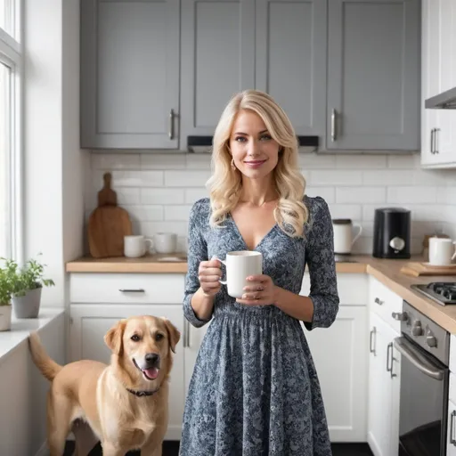 Prompt: A real estate agent with blonde hair and a beautiful dress standing in the kitchen with a coffe mug in her hand. A dog next to her
