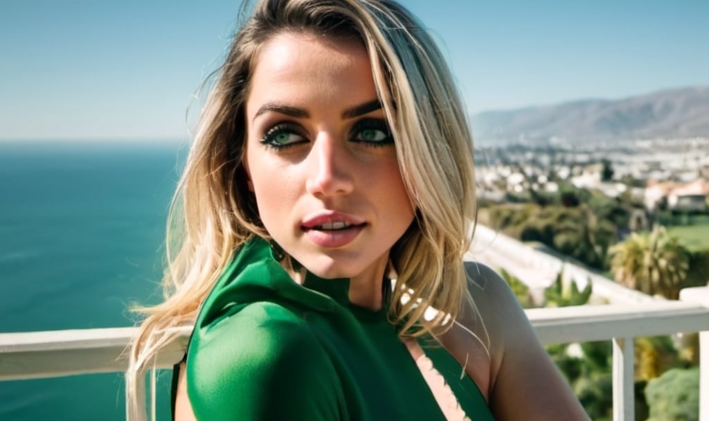 Prompt: A gentle smiling woman with blonde hair, looking like Ana d àrmas and a beautiful green dress standing on a balcony, a beautiful scenery showing an infinity pool and the city far in the back, next to the sea. Typical Los Angeles view
