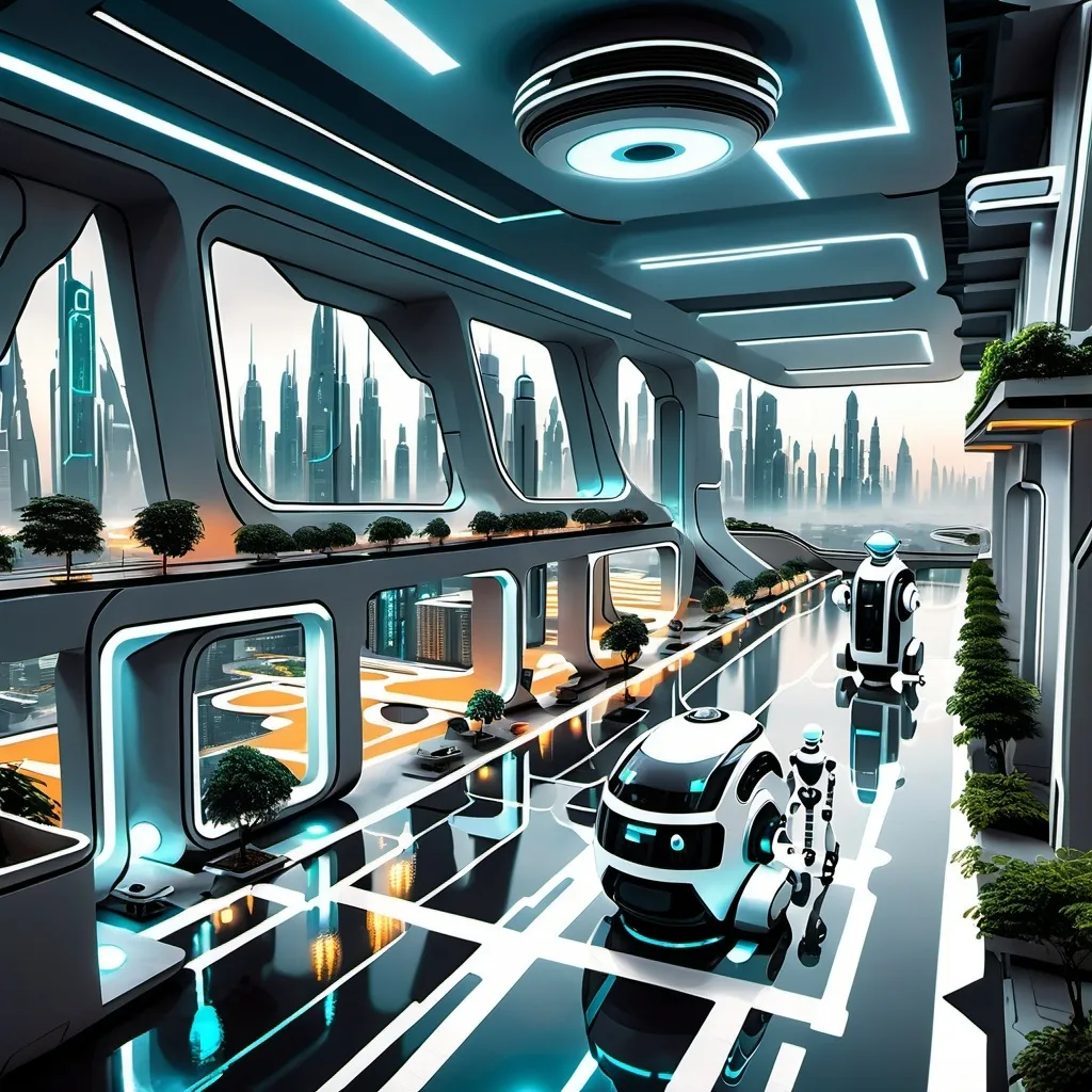 Prompt: A futuristic city with robots and futuristic technology view from above and be outside 