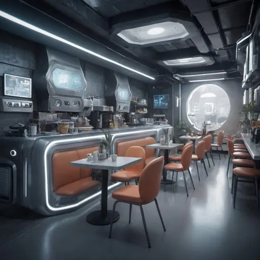 Prompt: A futuristic cafe with robots and futuristic technology.