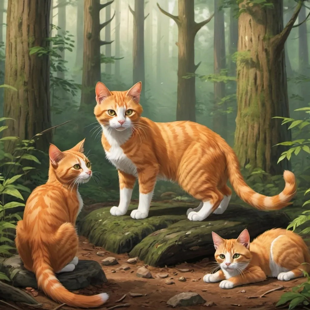 Prompt: An orange tabby warrior cat that is in the forest. She is within a clearing next to the fresh kill pile. Her three kits sit beside her and the cats of ThunderClan play, groom and eat around her.