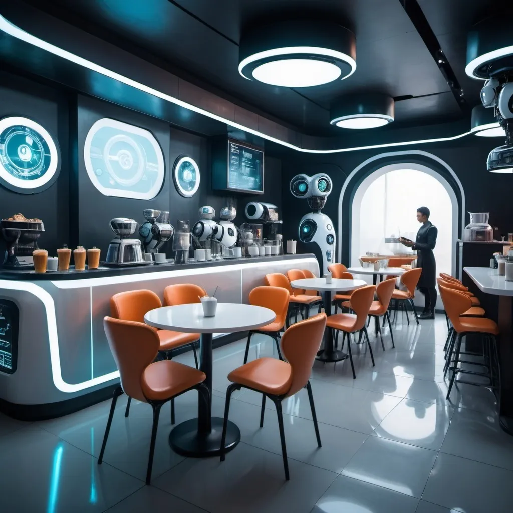 Prompt: A futuristic cafe with robots and futuristic technology.