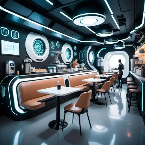 Prompt: A futuristic cafe with robots and futuristic technology.