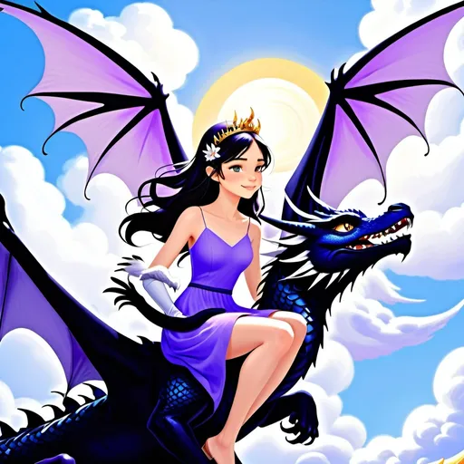 Prompt: A beautiful teenage girl with white wings and dark hair sits on a dark blue dragon. She has a long royal purple dress on. The girl and dragon soar through the clouds. In the girls lap is a dark tabby cat. The sun shining down on the dragon girl a cat. A black raven is flying next to them. 