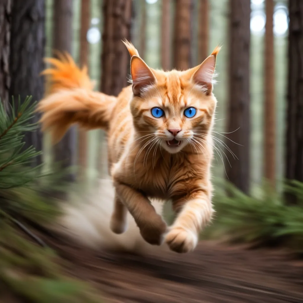 Prompt: young warrior cat with orange fur and blue eye running fast through the trees, away from viewer, rush, action, slight motion blur, lush pine forest