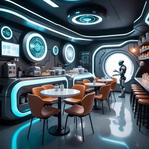 Prompt: A futuristic cafe with robots and futuristic technology.